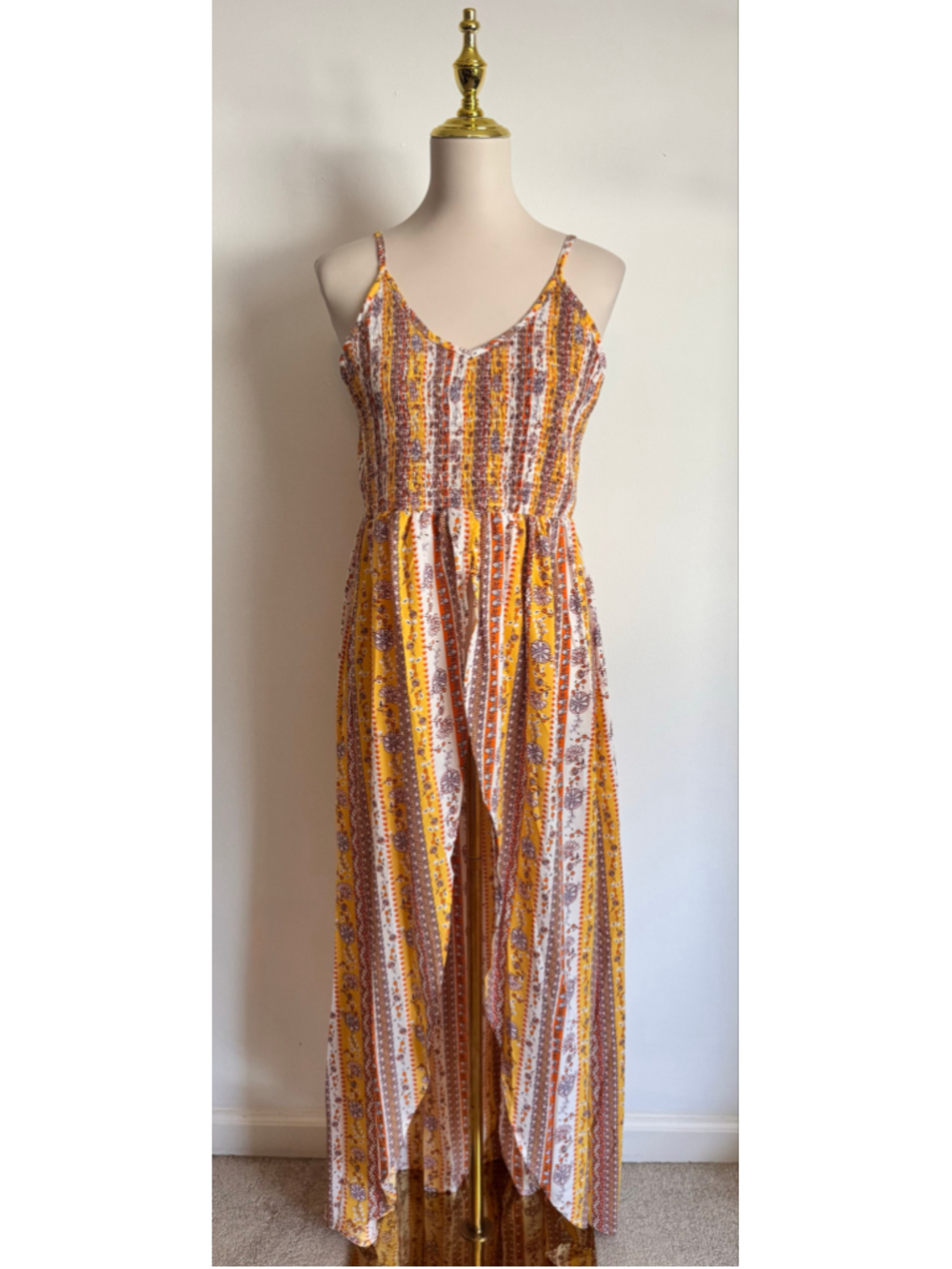 Women's White Barn Apparel Boho Maxi Tank Duster Yellow White Floral Size XL